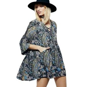 Free People - Rain Or Shine Grey Paisley Pocket Long Sleeve Mini Dress Size XS